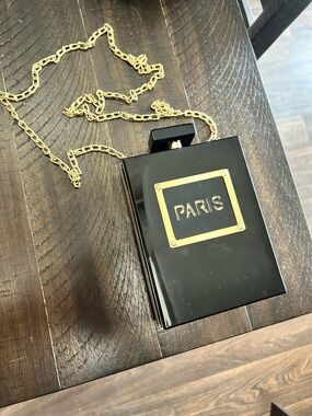 Black Paris Perfume Crossbody Clutch with Gold Chain